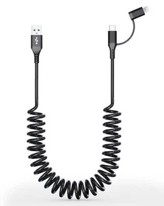Coiled USB to USB C & 8 Pin CarPlay charging & with Data Sync Cable Phone/ipad - Picture 1 of 7