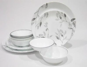 16-pc Corelle MISTY LEAVES DINNERWARE SET Plates Bowls *Gray Grey Watercolors - Picture 1 of 11