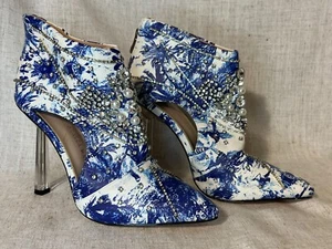 Azalea Wang BLUE WHITE RHINESTONE*PEARL BOOTS~8 Lucite Heels*Shoes - Picture 1 of 24