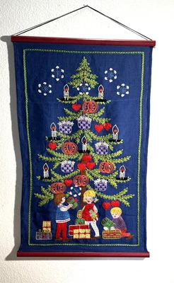 Vintage Christmas Embroidered Tapestry Wall Hanging 26”x15” Americana Folk Retro - Image 1 of 4