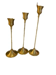 Set Of 3 Mid Century Polished Brass Thin Stemmed Candlestick Holders Graduated - Picture 1 of 5