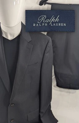 Nuevo Traje Ralph Lauren 100% Lana 2 Piezas Sin Etiquetas 42L 36x32 Negro A Rayas Largo Foto 1 de 4