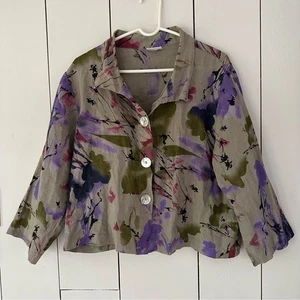 Habitat Floral / Caligraphy / Abstract Print Button-Up Jacket Top XL 100% Linen - Bild 1 von 8