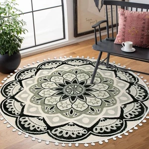 Round Rug 4ft Black Circle Boho Rug with Pom Pom Fringe Non-Slip Washable Liv... - Picture 1 of 7