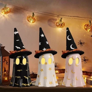 Decoraciones de Halloween Interior, Juego de 3 Fantasmas de Cerámica con Sombreros de Bruja, Lindo Spoo - Imagen 1 de 5