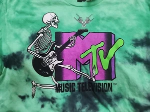 MTV Music Television Green Black Tie Dyed T Shirt Skeleton Guitar Halloween - Picture 1 of 4