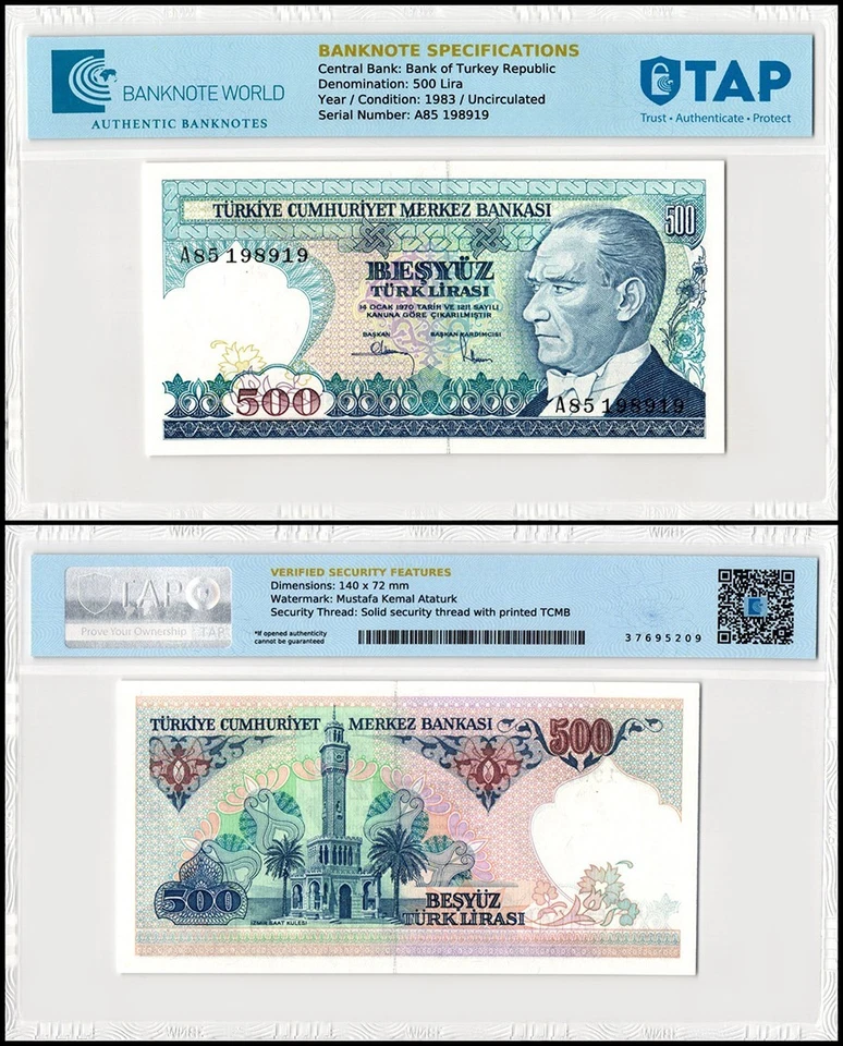 Turkey 500 Lira, L.1970 (1983 ND), P-195a.1, UNC Prefix A, Authenticated - Image 1 of 1