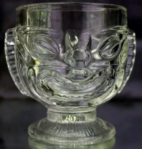 Vintage Tiki Hawaiian Kaiulani Happy Sad Face Clear Glass Embossed Mug Cup - Picture 1 of 6