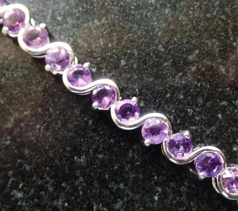 9Ct Round Lab-Created Amethyst S Link Women's Tennis Bracelet 14K White Gold FN - Image 1 of 4