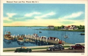 1950s RI Postcard Samoset Point And Pier Watch Hill Rhode Island Old Cars - Picture 1 of 2