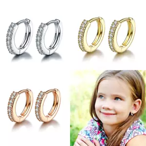 Sterling Silver Rose Gold Crystal Cuff Huggie Hoop Earrings for Kids Children - Picture 1 of 32