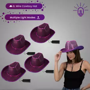 LED Flashing EL Wire Purple Sequin Cowboy/Cowgirl Party Hat - Pack of 4 Hats - Picture 1 of 5