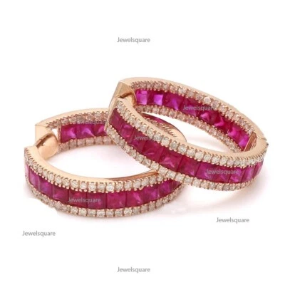 Princess Cut Ruby &Natural Diamond Inside Outside Hoops Earrings 14k Yellow Gold - Image 1 of 4