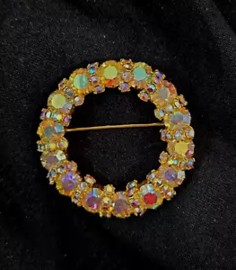 Vintage AB Aurora Borealis runder Kranz Brosche Anstecknadel goldfarben 1 1/2" - Bild 1 von 6