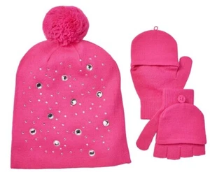 Girls Hat & Gloves Set - Pink Jeweled Convertible Gloves/Mittens - S (4-7) NEW - Picture 1 of 2