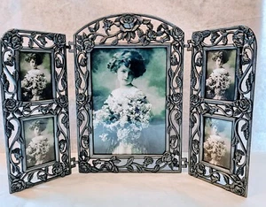 Pewter Rose Motif 5 Picture Frame Vintage Tin Type Photos Best Family Frame NEW - Picture 1 of 8