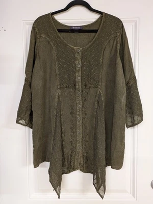 Embroidered Lace Panel Peasant Bellsleeve Blouse Olive Sz 22 Fairycore Medieval  - Image 1 of 4