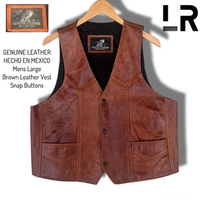 Genuine Leather Mens Vest Large Brown Biker Harley Like - Image 1 of 4