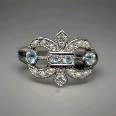 Anillo estilo vintage de plata de ley 925 con perlas naturales y aguamarina talla 6 1757 Foto 1 de 4