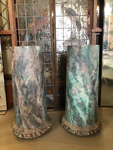 Pair of Antique Turn of The Century Faux Painted Marble Oak Display Columns Cover