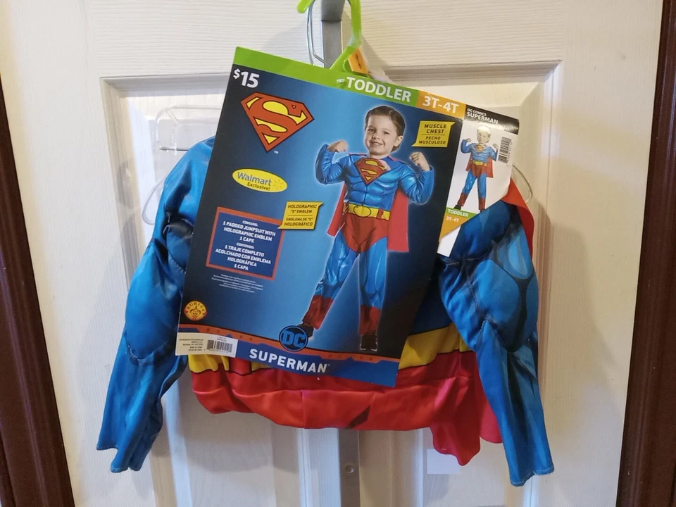 Halloween Costume DC Superman Rubies Toddler Boys Padded Muscle Suit Cape 3T-4T