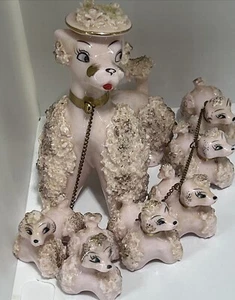 Atlas Vintage rosa Spaghetti französischer Pudel mit 6 Welpen Porzellan Figuren gold - Bild 1 von 23