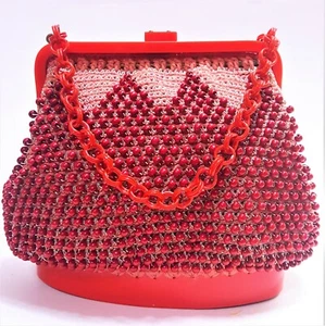 Vintage 40s 50s Red Beaded Purse Novelty Bag Red Lucite Frame & Red Lucite Base - Picture 1 of 7