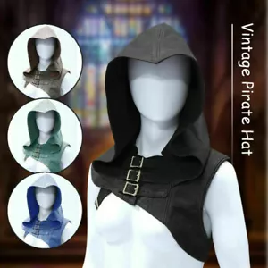 Unisex Hooded PU Leather Cloak Cape Vintage Medieval Costumes Cosplay Punk Hat - Picture 1 of 12