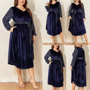 Plus Size Women V Neck Velvet Party Cocktail Ball Gown Ladies Pockets Midi Dress - Picture 1 of 22