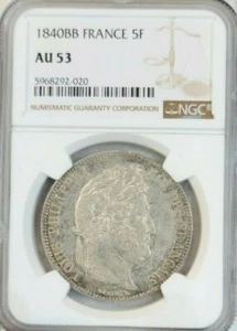 1840 FRANCE SILVER 5 FRANCS LOUIS PHILIPPE I NGC AU 53 HIGH GRADE BEAUTIFUL COIN - Picture 1 of 4