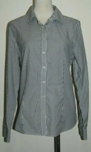 Talbots Cotton Str Gray White Stripe Wrinkle Resistant Button Shirt Blouse 10 - Picture 1 of 3