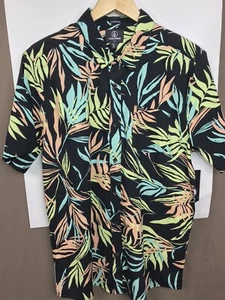 New Volcom Black Tropical Bleeding Leaf Hawaiian Button Up S/S Shirt Mens L - Picture 1 of 10