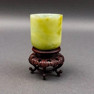 Chinese Carved Jade Cup On Wooden Stand - Picture 1 of 7