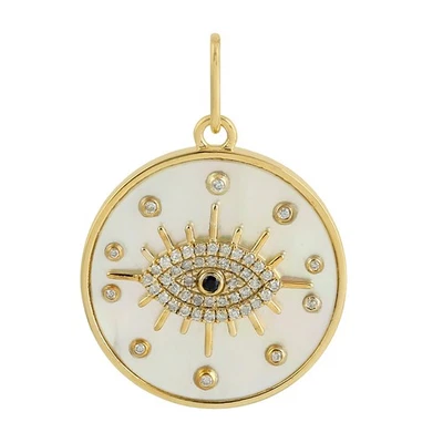 14K Yellow Gold Evil Eye Pendant Diamond Sapphire Mother of Pearl Medallion Char - Image 1 of 4