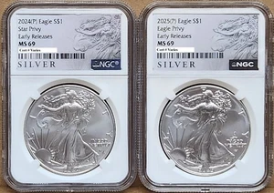 Conjunto De 2 Monedas 2024 Y 2025 P Águila De Plata Con Privy NGC MS69 ER ALS - Imagen 1 de 4