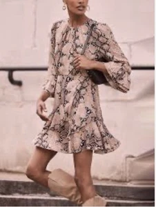 Mint Velvet Brown Neutral Snakeskin Print Mini Dress Ruffle Hem Bnwt Sz 14 - Picture 1 of 7