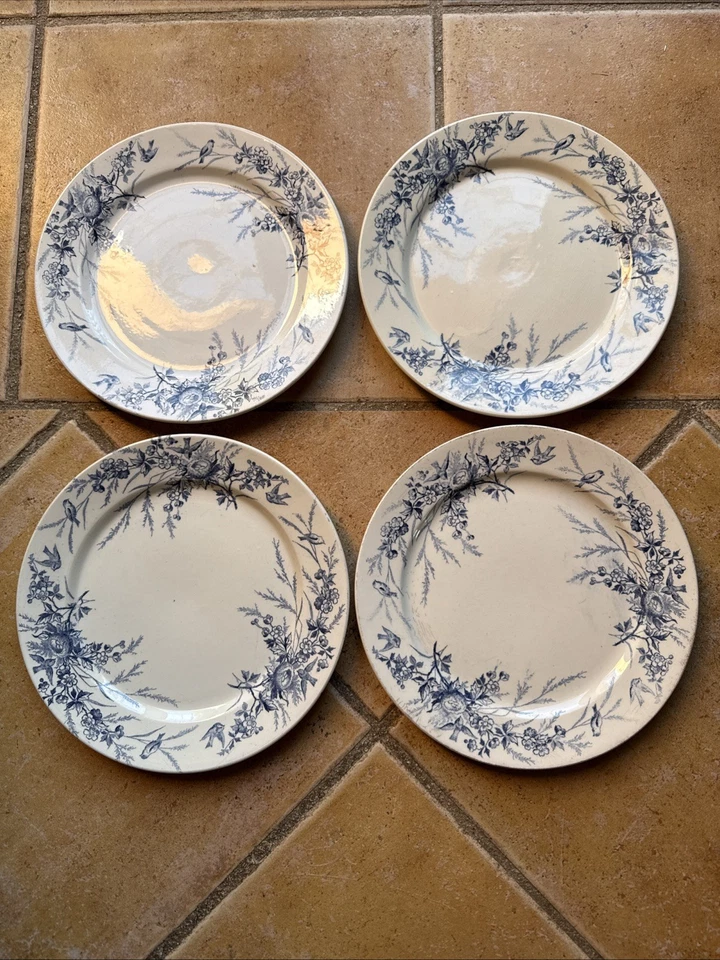 4 assiettes anciennes Terre De Fer Creil Et Montereau Linotte - Photo 1/4