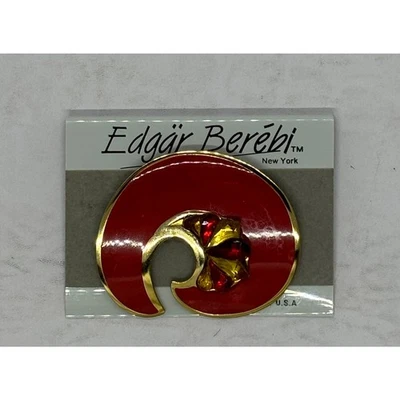 Vintage Edgar Berebi Red Enamel Gold Tone Jeweled Brooch Pin New With Tags - Image 1 of 2