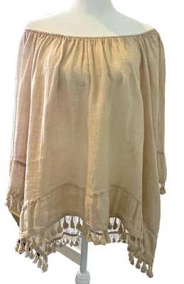 Blusa Boho de Lino Italiana Saks Fifth Ave Encubrimiento de Natación con Borlas Beige Talla L Foto 1 de 4