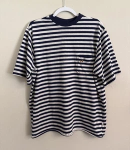 T-shirt vintage anni 70 HANG TEN a righe con tasca taglia XL surf skate blu bianco - Foto 1 di 13