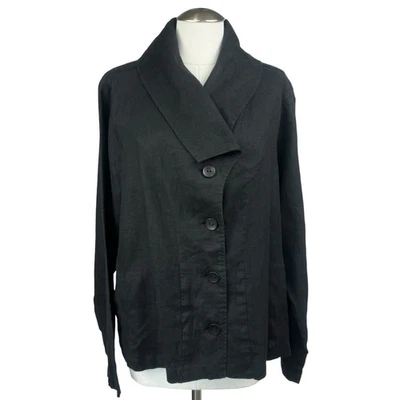 Women's Flax Black Button Up Blazer Long Sleeve Workwear Linen Jacket sz Large - Image 1 of 4