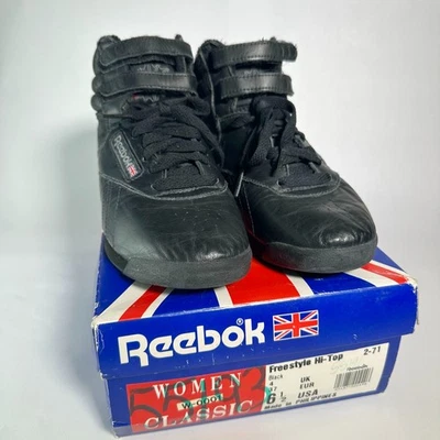 Vintage Reebok Classic Hi Top Womens 6.5 Shoes Sneakers Freestyle Black with Box - Image 1 of 4