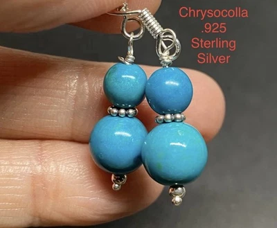 Pendientes de plata de ley estampados a mano de piedra genuina 0,925 de crisocola (peruana) Foto 1 de 4