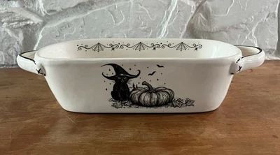 10 Strawberry Street Halloween Black Cat Loaf Dish with Handles 13.5” Cobwebs - Image 1 of 4