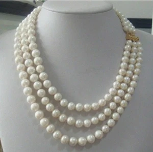 Natural AAA 9-8 mm triple strands south sea white pearl necklace 18-22" 14K - Picture 1 of 4