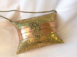 Vintage Pillow Purse Evening Bag Brass & Copper Velvet Lining - Picture 1 of 4