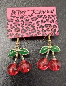 Betsey Johnson Red Cherries Dangling Pierced Crystal Earrings - Picture 1 of 3