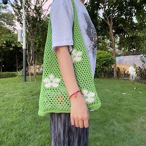 Women's Fresh Flower Knitted Mesh Hollow Out One Shoulder High Capacity Tote Bag