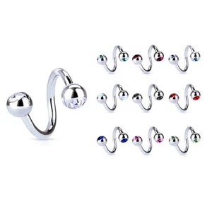 2pc Surgical Steel Double Crystal Twist Barbell Spiral Lip Nose Ear Ring 16G 8mm - Picture 1 of 14