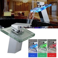 Bathroom Sink Basin LED Glass Widespread Waterfall Mixer Faucet Chrome Tap CY